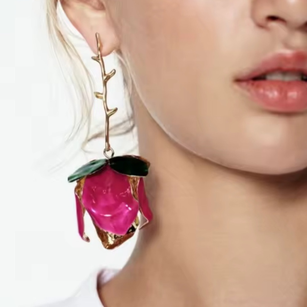 Anthropologe unique Pink and Gold Floral Earrings